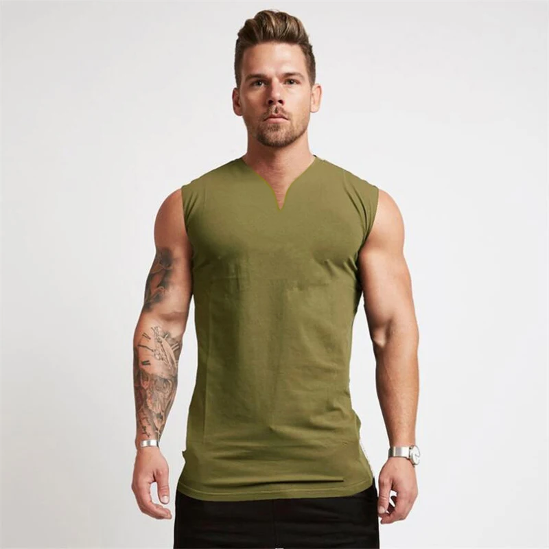 Summer Cotton Breathable V-neck Tank Tops Gym Workout Running Sport Sleeveless Shirt Mens Fitness Bodybuilding Muscle Clothing