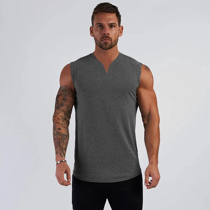 Summer Cotton Breathable V-neck Tank Tops Gym Workout Running Sport Sleeveless Shirt Mens Fitness Bodybuilding Muscle Clothing
