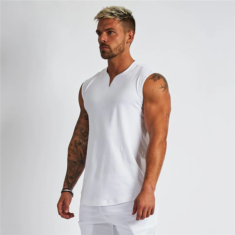 Summer Cotton Breathable V-neck Tank Tops Gym Workout Running Sport Sleeveless Shirt Mens Fitness Bodybuilding Muscle Clothing