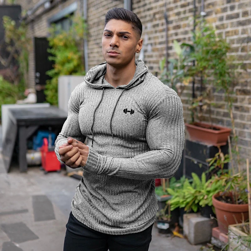 Spring Autumn Mens Running Hooded T-shirts Thin Ribbed Knitted Sports Sweaters Classic Strip Slim Gym Fitness Pullover T Shirts