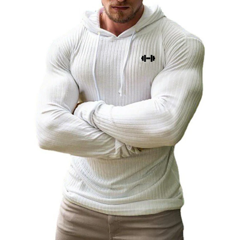 Spring Autumn Mens Running Hooded T-shirts Thin Ribbed Knitted Sports Sweaters Classic Strip Slim Gym Fitness Pullover T Shirts