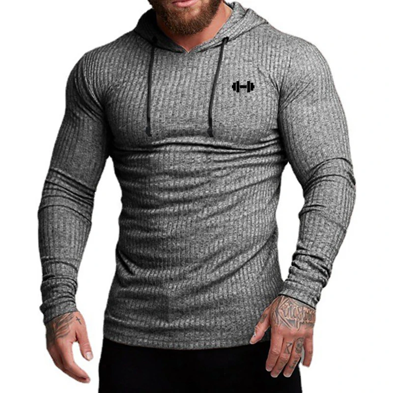 Spring Autumn Mens Running Hooded T-shirts Thin Ribbed Knitted Sports Sweaters Classic Strip Slim Gym Fitness Pullover T Shirts