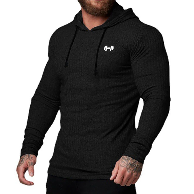 Spring Autumn Mens Running Hooded T-shirts Thin Ribbed Knitted Sports Sweaters Classic Strip Slim Gym Fitness Pullover T Shirts