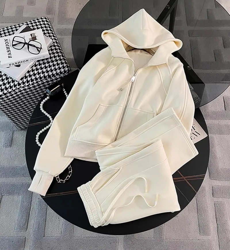 Women Running Sportswear Set Fleece Cardigan Hooded Sweatshirt Two Piece Set Tracksuit Gym Fitness Jogging Outdoor Training Sets
