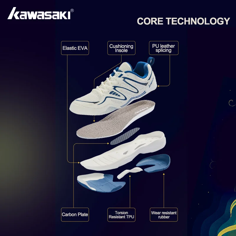 Kawasaki Rubber Sole Non-Marking Badminton Shoes C32016 Carbon Fiber Sheet Inside Professional Anti Torsion Sports Tennis Shoes
