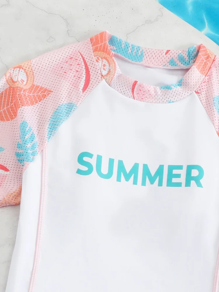 Girls Kids Swimsuit 2026 New Solid Print Mesh Short Skirt Children Swimwear Summer Two Piece Short Sleeve Beachwear Bathing Suit