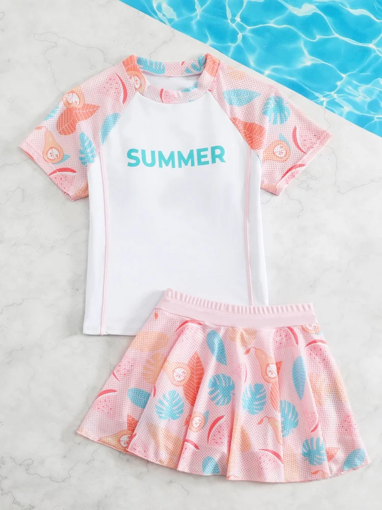 Girls Kids Swimsuit 2026 New Solid Print Mesh Short Skirt Children Swimwear Summer Two Piece Short Sleeve Beachwear Bathing Suit