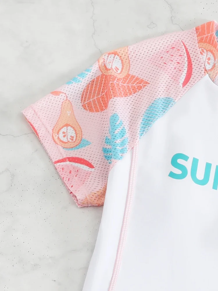 Girls Kids Swimsuit 2026 New Solid Print Mesh Short Skirt Children Swimwear Summer Two Piece Short Sleeve Beachwear Bathing Suit