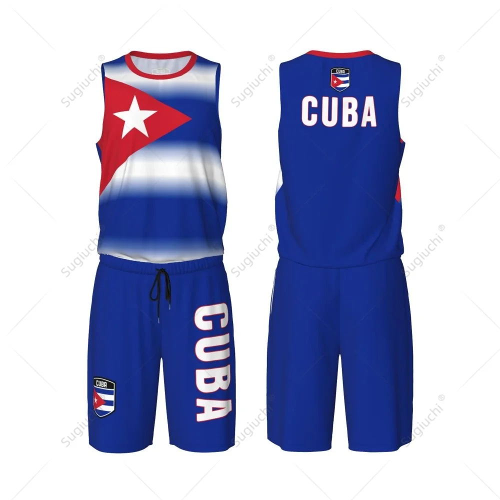 Men Cuba Flag Basketball Jersey Set Mesh Shirt & Pants Sleeveless