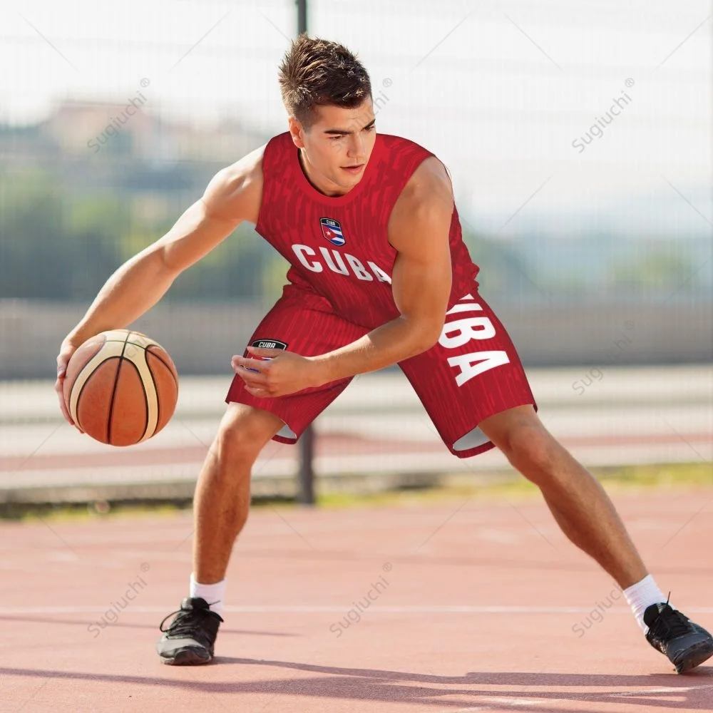 Men Cuba Flag Basketball Jersey Set Mesh Shirt & Pants Sleeveless