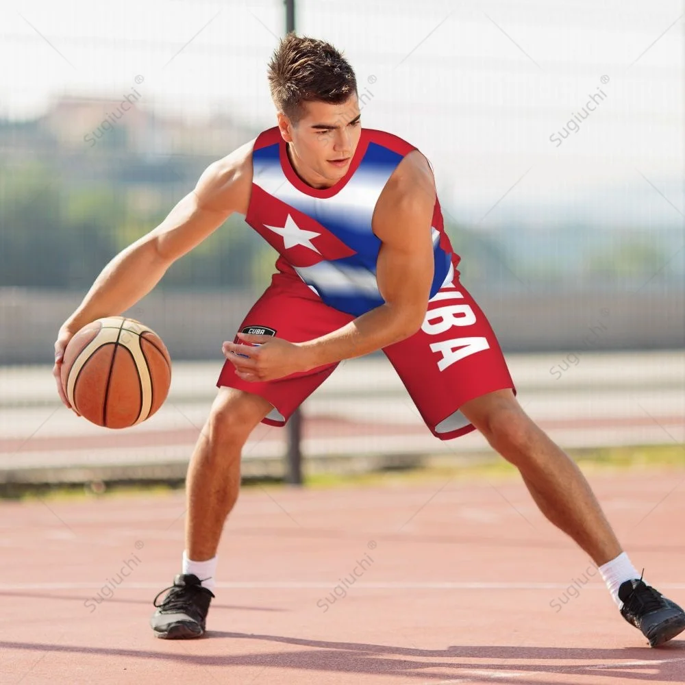 Men Cuba Flag Basketball Jersey Set Mesh Shirt & Pants Sleeveless