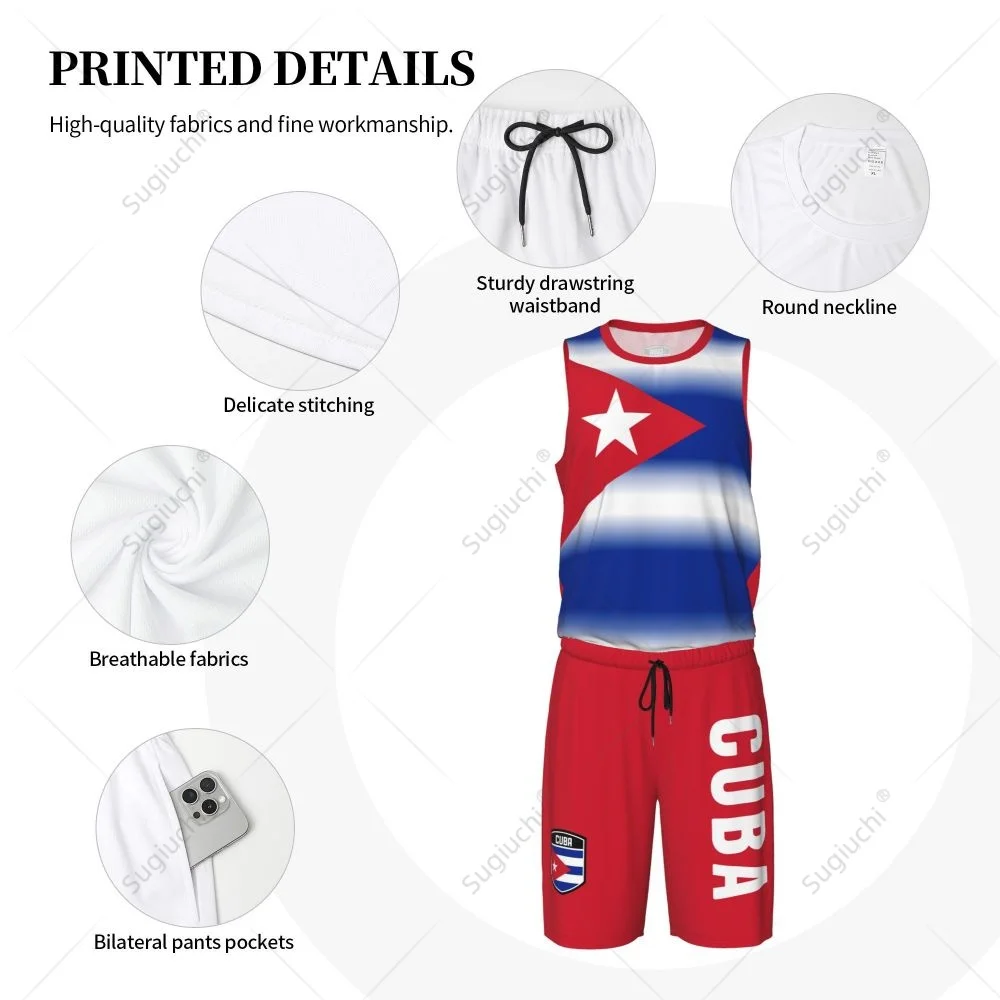 Men Cuba Flag Basketball Jersey Set Mesh Shirt & Pants Sleeveless