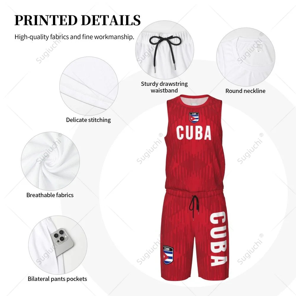 Men Cuba Flag Basketball Jersey Set Mesh Shirt & Pants Sleeveless