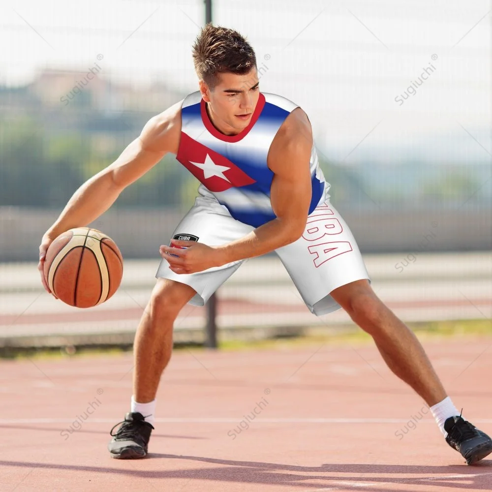 Men Cuba Flag Basketball Jersey Set Mesh Shirt & Pants Sleeveless