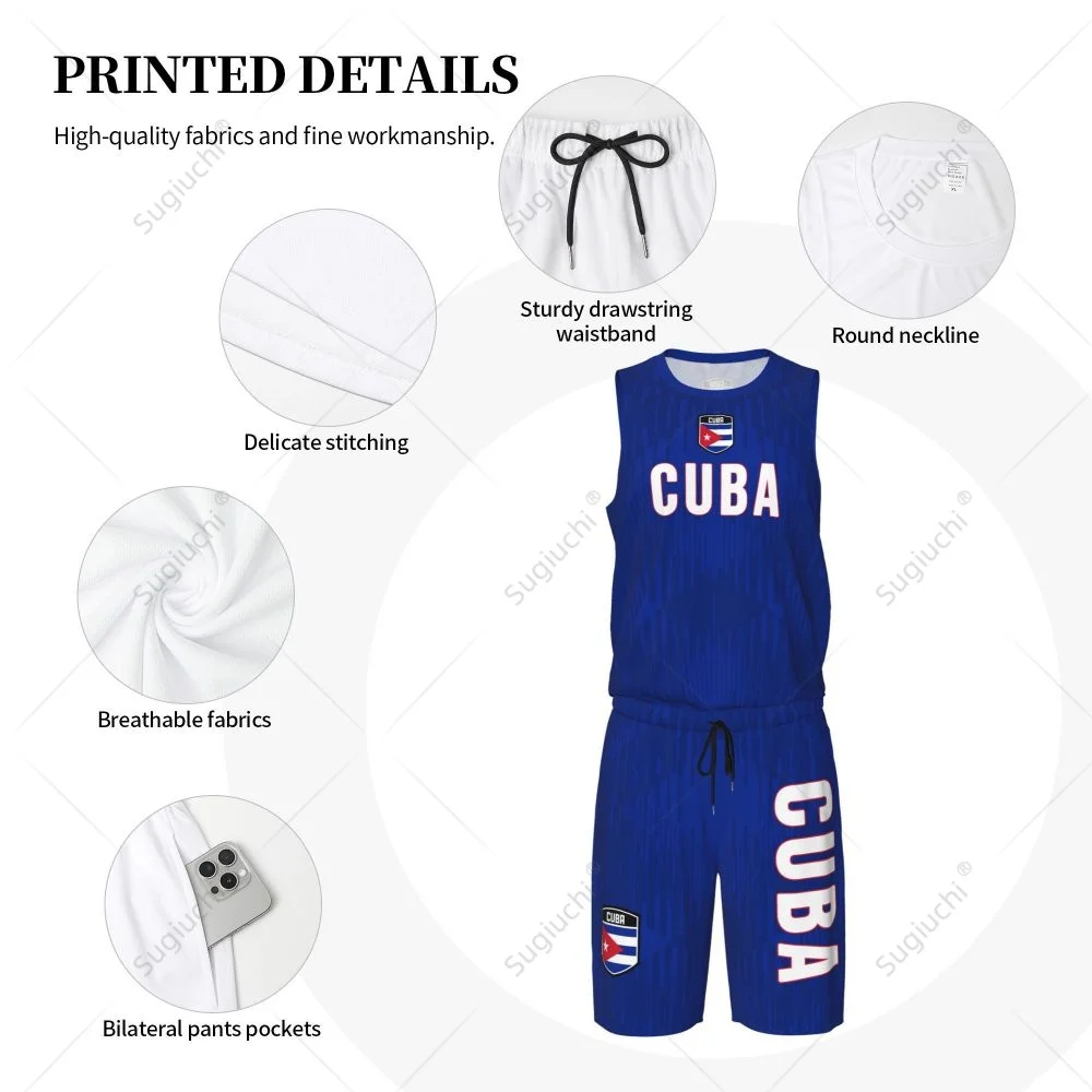 Men Cuba Flag Basketball Jersey Set Mesh Shirt & Pants Sleeveless