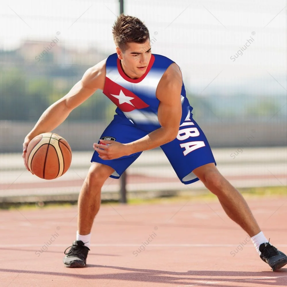 Men Cuba Flag Basketball Jersey Set Mesh Shirt & Pants Sleeveless