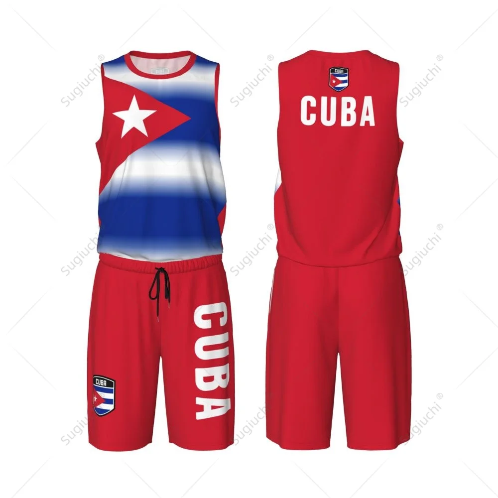 Men Cuba Flag Basketball Jersey Set Mesh Shirt & Pants Sleeveless
