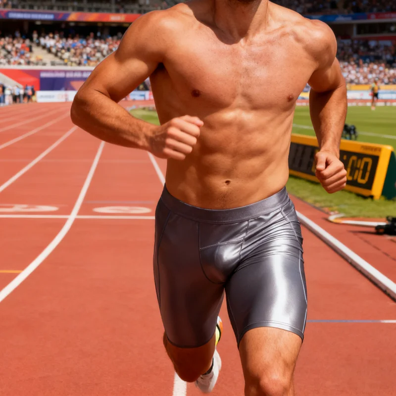 Men's glossy yoga pants casual high elasticity sports fitness suit Tight shorts for running, shiny smooth swim trunks