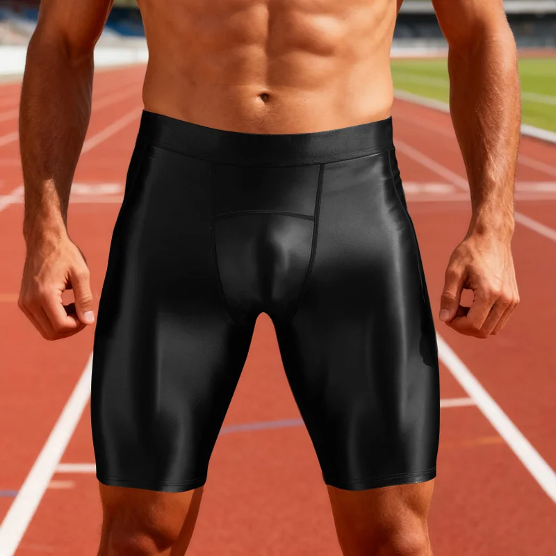 Men's glossy yoga pants casual high elasticity sports fitness suit Tight shorts for running, shiny smooth swim trunks