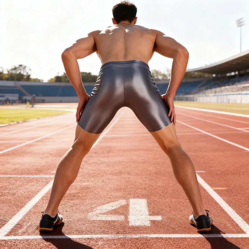 Men's glossy yoga pants casual high elasticity sports fitness suit Tight shorts for running, shiny smooth swim trunks