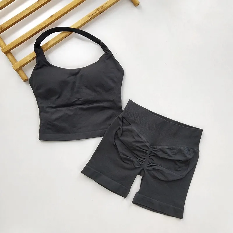 Yoga 2 Pieces Gym Set Women Backless Halter Tops High Waist Seamless Shorts Gym Suit Fitness Sports Bras Sportswear Workout Sets