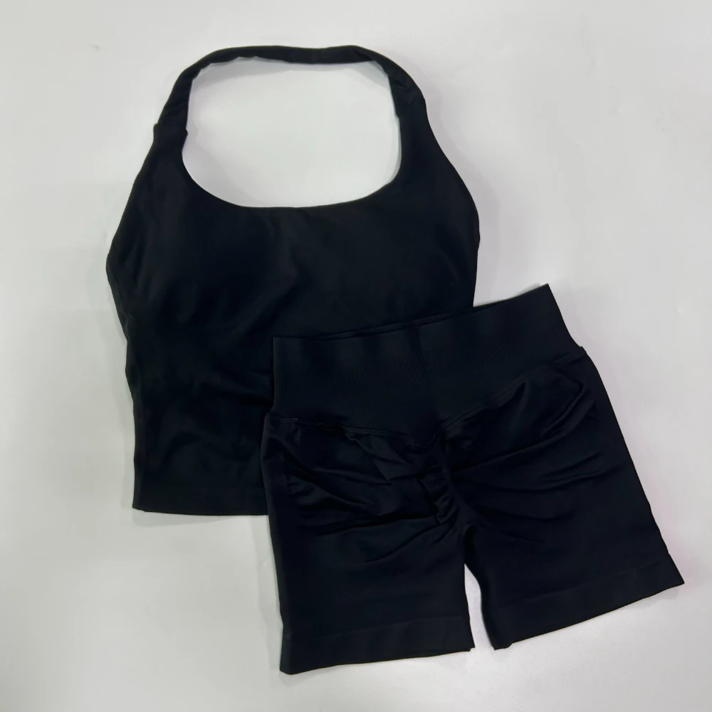 Yoga 2 Pieces Gym Set Women Backless Halter Tops High Waist Seamless Shorts Gym Suit Fitness Sports Bras Sportswear Workout Sets