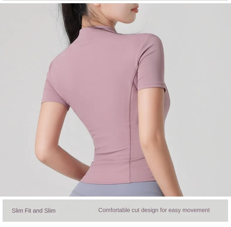 Woman Yoga Jacket High Elastic Yoga Short Sleeve Coat Stand Collar Tight Sports Coat Naked Fitness Short Sleeve Female