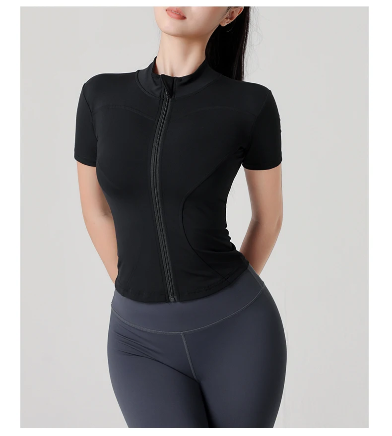 Woman Yoga Jacket High Elastic Yoga Short Sleeve Coat Stand Collar Tight Sports Coat Naked Fitness Short Sleeve Female