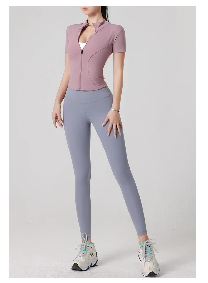 Woman Yoga Jacket High Elastic Yoga Short Sleeve Coat Stand Collar Tight Sports Coat Naked Fitness Short Sleeve Female