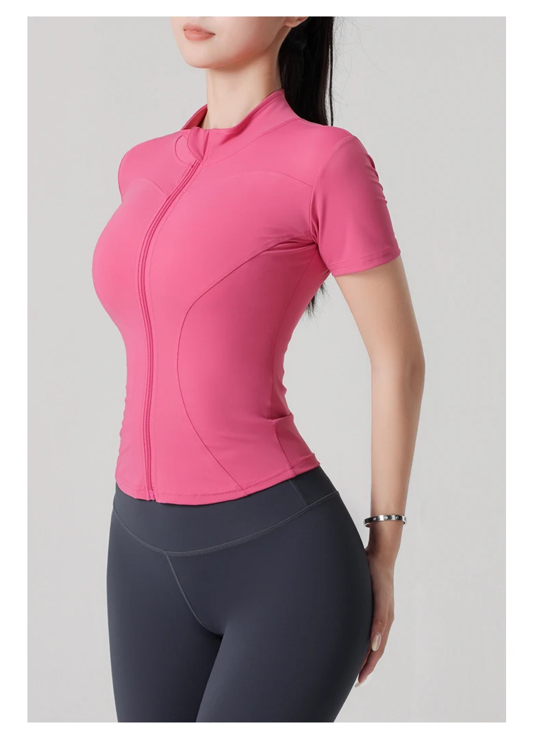 Woman Yoga Jacket High Elastic Yoga Short Sleeve Coat Stand Collar Tight Sports Coat Naked Fitness Short Sleeve Female