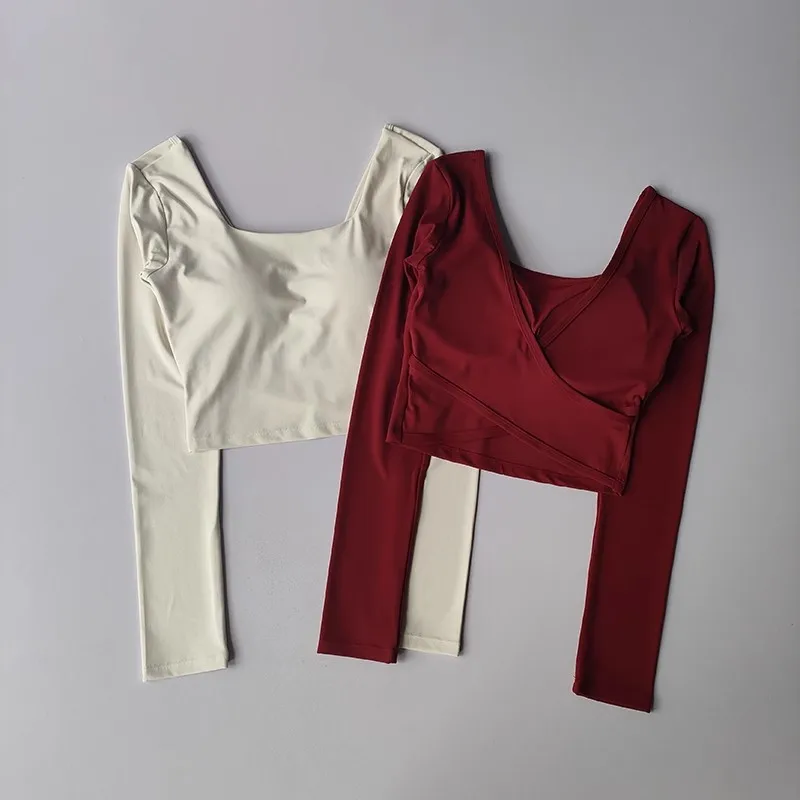 Autumn Slimming Long Sleeved Yoga Top Crossed Back with Fixed Chest Pads for Sports Running Fitness Tight Fitting Shirt
