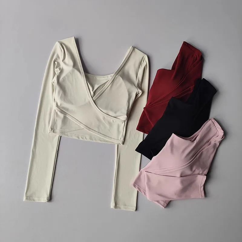 Autumn Slimming Long Sleeved Yoga Top Crossed Back with Fixed Chest Pads for Sports Running Fitness Tight Fitting Shirt