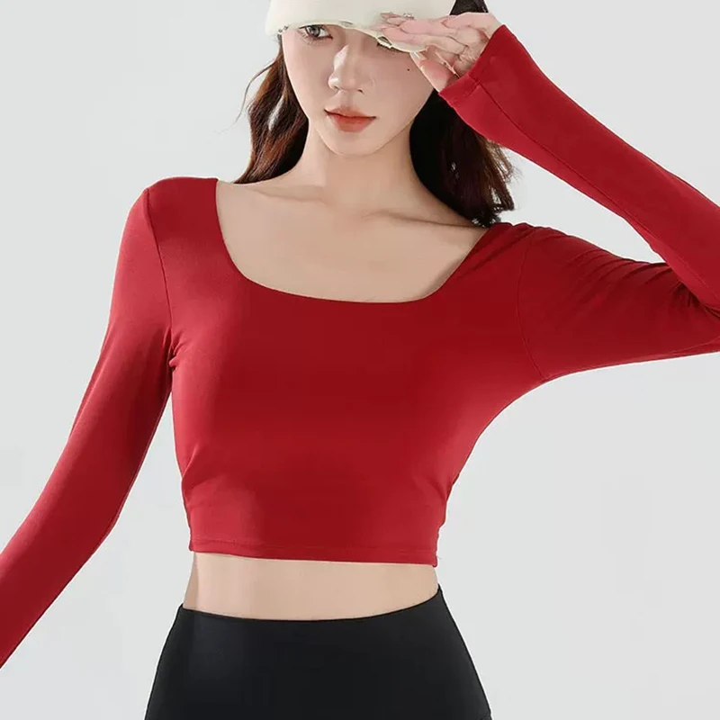 Autumn Slimming Long Sleeved Yoga Top Crossed Back with Fixed Chest Pads for Sports Running Fitness Tight Fitting Shirt