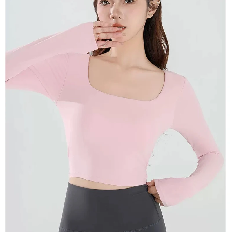 Autumn Slimming Long Sleeved Yoga Top Crossed Back with Fixed Chest Pads for Sports Running Fitness Tight Fitting Shirt