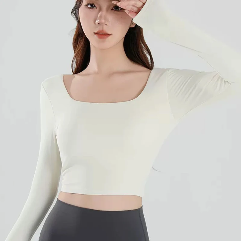 Autumn Slimming Long Sleeved Yoga Top Crossed Back with Fixed Chest Pads for Sports Running Fitness Tight Fitting Shirt