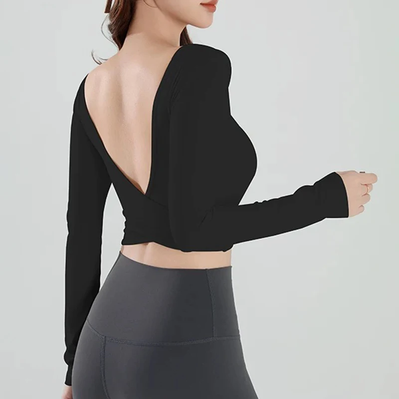 Autumn Slimming Long Sleeved Yoga Top Crossed Back with Fixed Chest Pads for Sports Running Fitness Tight Fitting Shirt