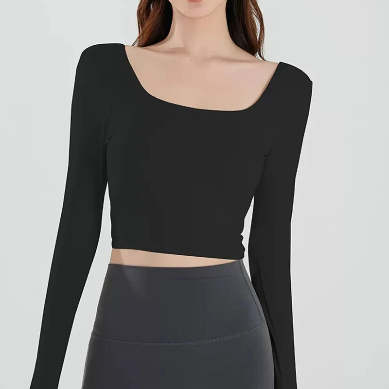 Autumn Slimming Long Sleeved Yoga Top Crossed Back with Fixed Chest Pads for Sports Running Fitness Tight Fitting Shirt