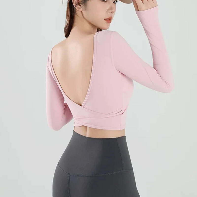 Autumn Slimming Long Sleeved Yoga Top Crossed Back with Fixed Chest Pads for Sports Running Fitness Tight Fitting Shirt