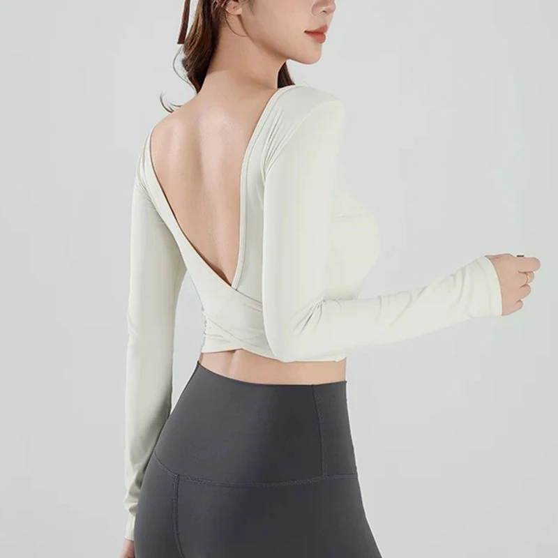 Autumn Slimming Long Sleeved Yoga Top Crossed Back with Fixed Chest Pads for Sports Running Fitness Tight Fitting Shirt