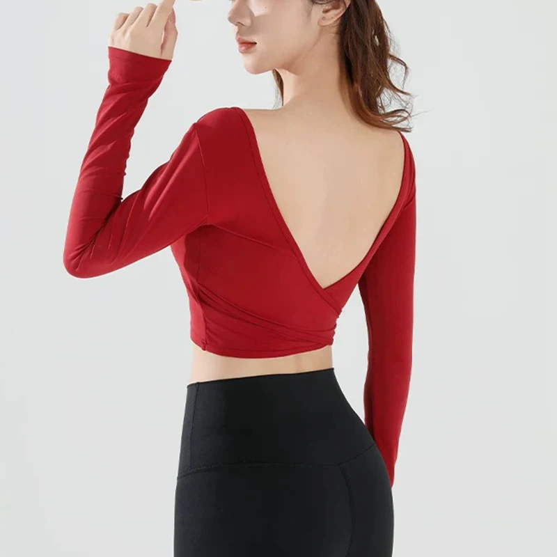 Autumn Slimming Long Sleeved Yoga Top Crossed Back with Fixed Chest Pads for Sports Running Fitness Tight Fitting Shirt