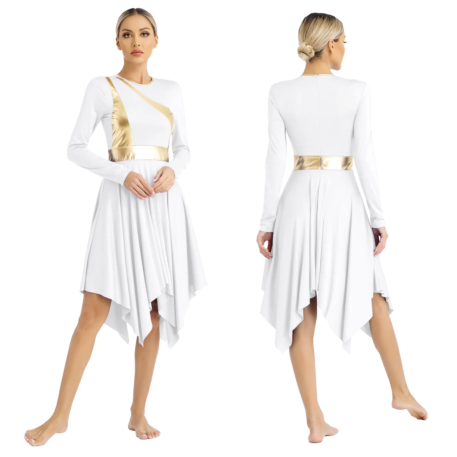 Women Long Sleeve Modern Lyrical Dance Dress Ballroom Dancing Church Choir Liturgical Praise Worship Stage Performance Dancewear