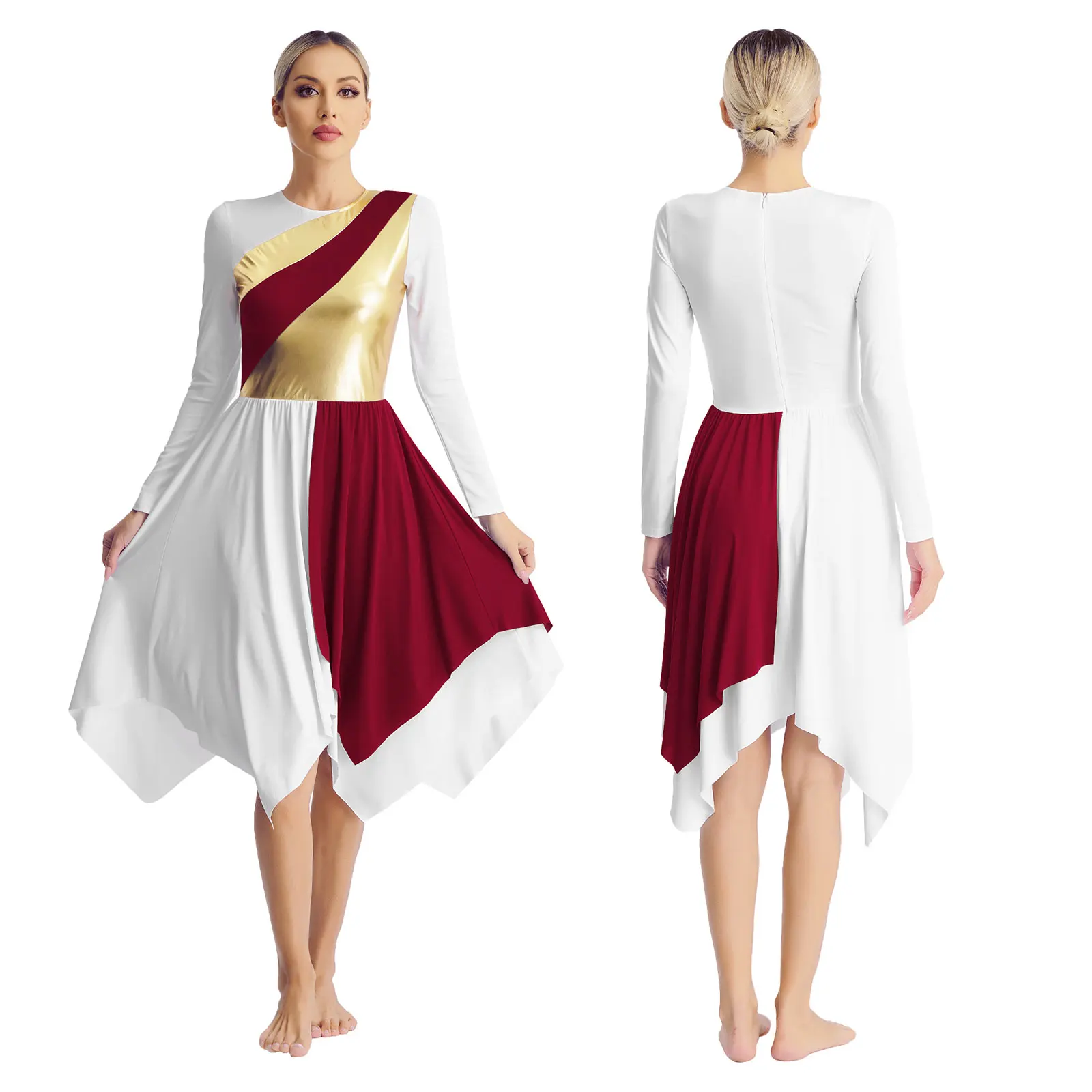 Women Long Sleeve Modern Lyrical Dance Dress Ballroom Dancing Church Choir Liturgical Praise Worship Stage Performance Dancewear
