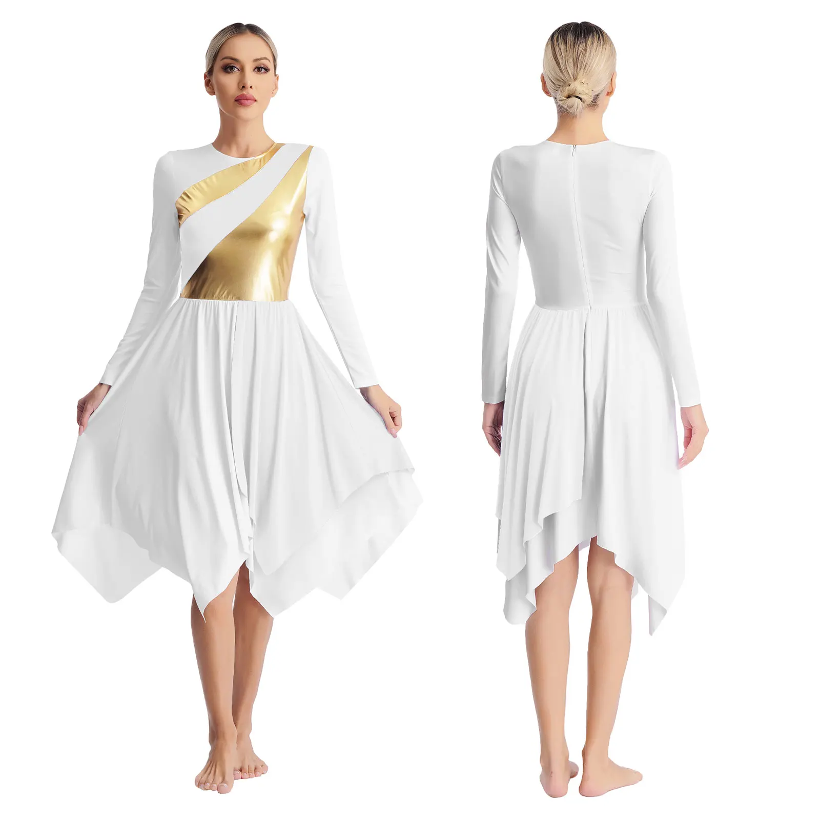Women Long Sleeve Modern Lyrical Dance Dress Ballroom Dancing Church Choir Liturgical Praise Worship Stage Performance Dancewear