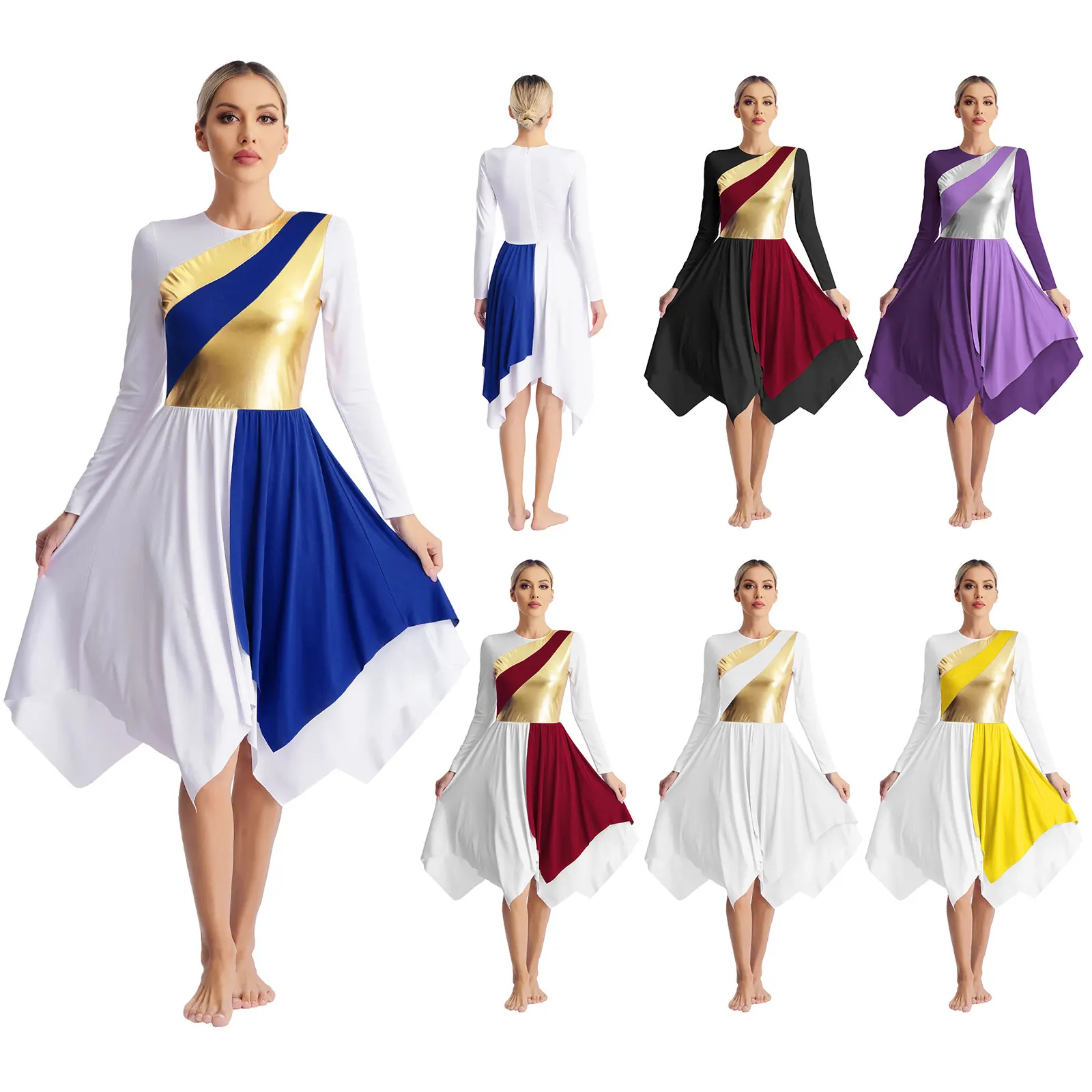 Women Long Sleeve Modern Lyrical Dance Dress Ballroom Dancing Church Choir Liturgical Praise Worship Stage Performance Dancewear