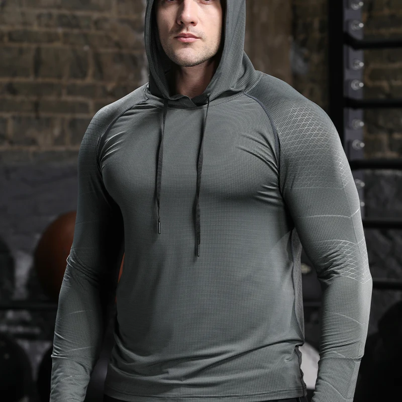 Men Outdoor Sports Hoodies Quick Dry Fit Long Sleeve Tops with Hood Male Running Activewear Casual Quick Dry Sweatshirts