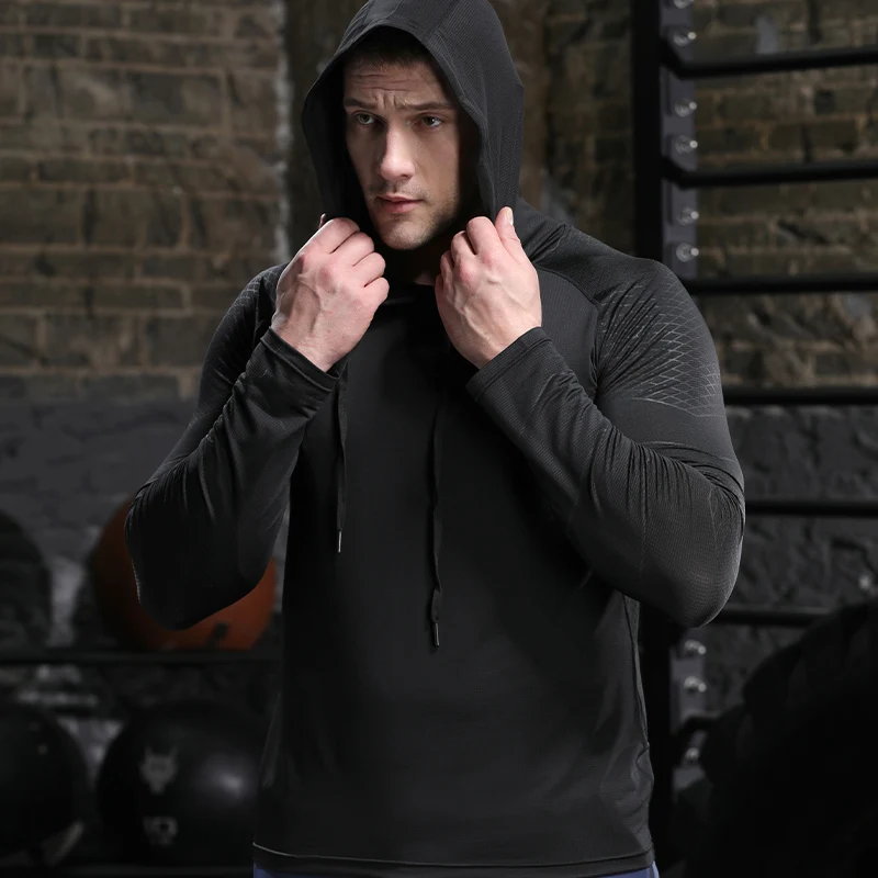 Men Outdoor Sports Hoodies Quick Dry Fit Long Sleeve Tops with Hood Male Running Activewear Casual Quick Dry Sweatshirts