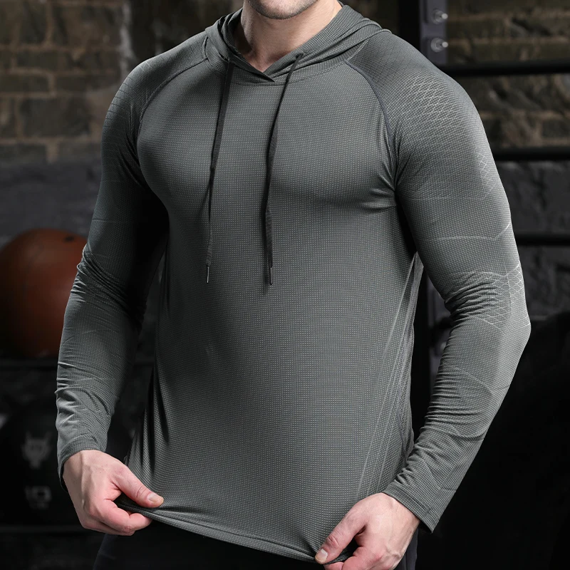 Men Outdoor Sports Hoodies Quick Dry Fit Long Sleeve Tops with Hood Male Running Activewear Casual Quick Dry Sweatshirts