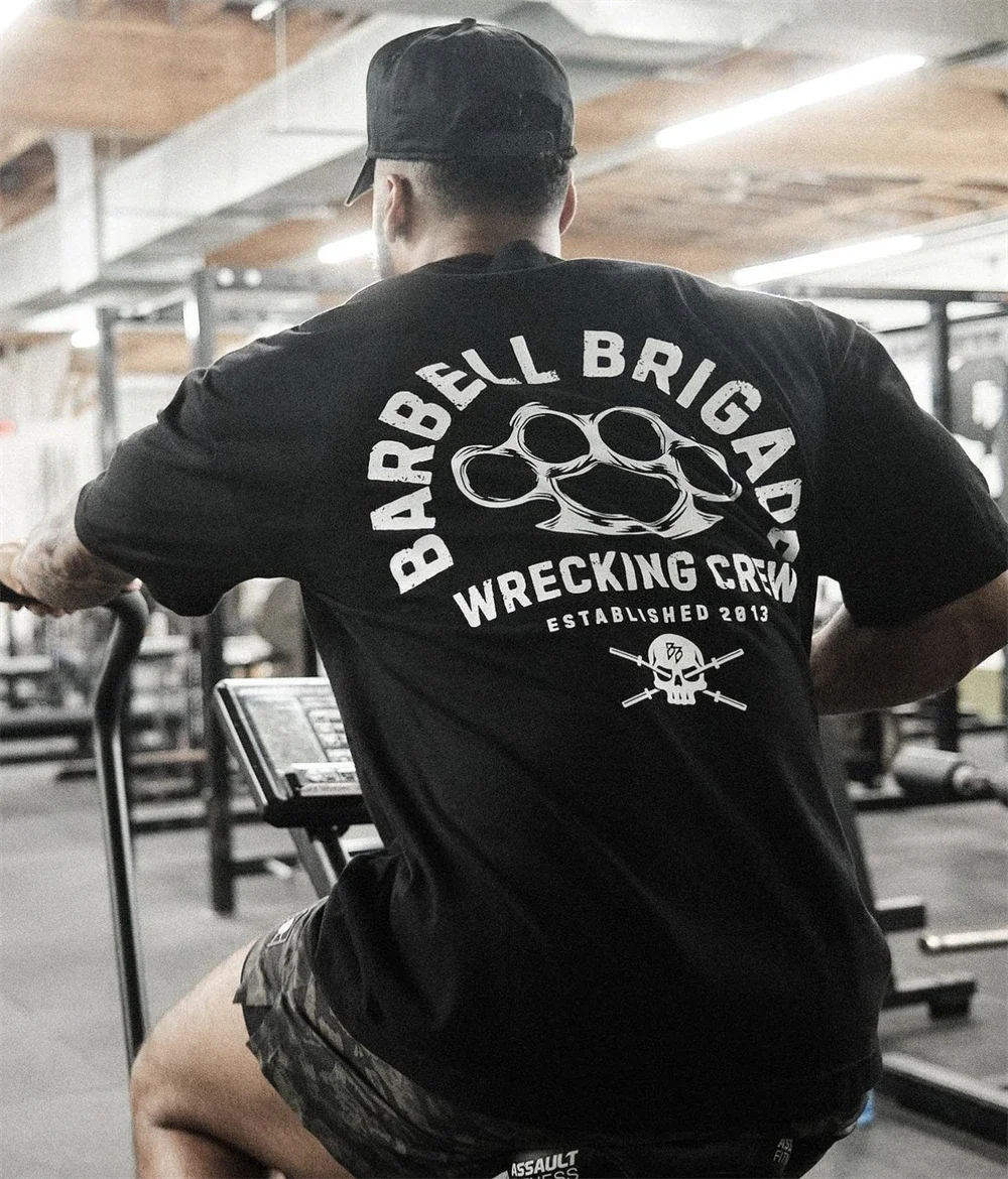 Barbell Brigade 2025 Men's Summer Gym T-Shirt Cotton Short Sleeve Bodybuilding Fitness Training Muscle Tees Fashion Sportswear