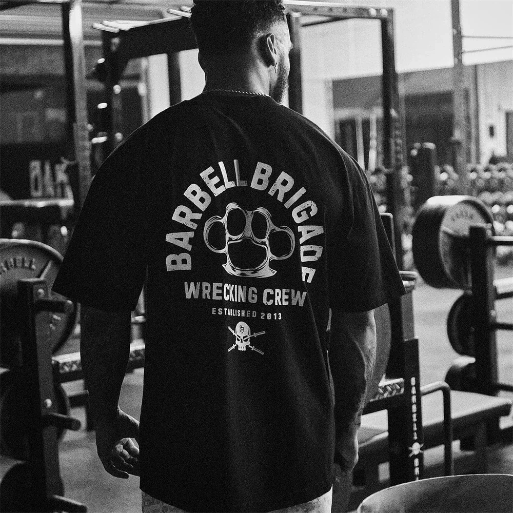Barbell Brigade 2025 Men's Summer Gym T-Shirt Cotton Short Sleeve Bodybuilding Fitness Training Muscle Tees Fashion Sportswear