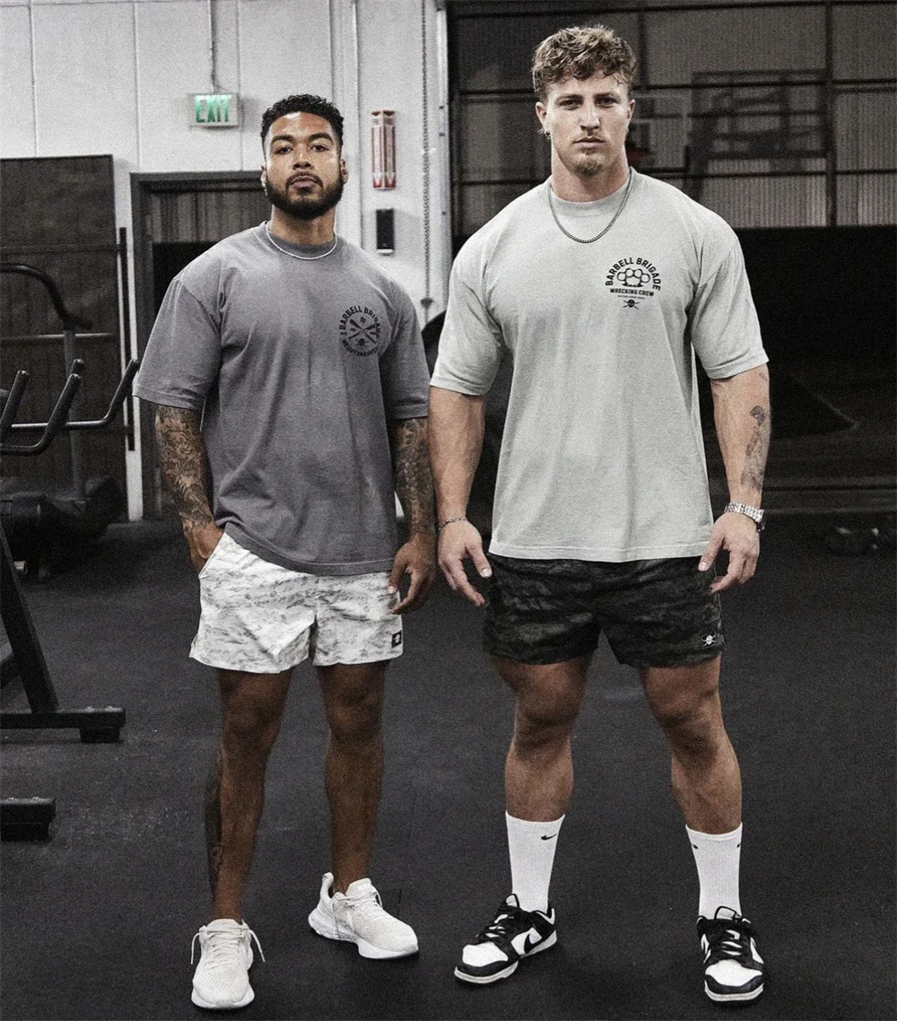 Barbell Brigade 2025 Men's Summer Gym T-Shirt Cotton Short Sleeve Bodybuilding Fitness Training Muscle Tees Fashion Sportswear